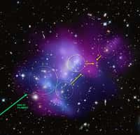 Cette image de MACSJ0717 montre dans des cercles les quatre amas de galaxies impliqués dans la collision, ainsi que la direction des mouvements pour les trois amas les plus rapides. La longueur des flèches indique la vitesse approximative dans une direction perpendiculaire à la ligne de visée. Notez que la direction du mouvement des amas est à peu près parallèle à la direction du filament. Les données de l'Observatoire Keck ont été utilisées pour calculer les vitesses des amas le long de la ligne de visée, ce qui permet d’en déduire la géométrie en trois dimensions et la dynamique de MACSJ0717. Crédit : en rayon X (Nasa/CXC/IfA/C. Ma et al.); dans le visible (Nasa/STScI/IfA/C. Ma et al.)