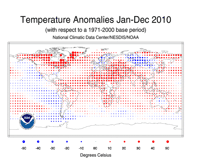 Écarts de température de surface (terres et océans) pour l'année 2010 par rapport à la moyenne de la période 1971-2000. On remarque le froid en Europe et en Russie et la chaleur au Canada. © NOAA