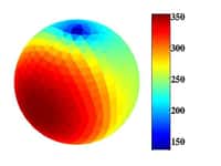 L'observation en infrarouge a permis de mesurer la température de surface d'Apophis, qui n'est pas homogène à cause du rayonnement solaire. Les valeurs&nbsp;sont indiquées en kelvins (degrés au-dessus du zéro absolu, soit&nbsp;-273,15&nbsp;°C). Elles ne sont que des estimations correspondant, comme on le constate sur l'image, à un corps sphérique, alors que l'on pense, depuis les observations de 2005 et 2006, que l'astéroïde pourrait avoir une forme allongée.&nbsp;©&nbsp;Esa,&nbsp;Herschel,&nbsp;Mach-11, T. Müller, MPE (Allemagne)