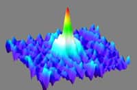 Les dizaines de milliers d'atomes de calcium dans le condensat de Bose-Einstein sont décrits par une seule fonction d'onde bien piquée comme le montre cette représentation. Les atomes réagissent donc d'un bloc. Crédit : Physikalisch-Technische Bundesanstalt 