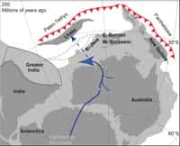 Le parcours du fleuve (en bleu) à l’époque du Gondwana (250 millions d’années). En gris clair, les limites du supercontinent. En gris moyen, les continents actuels. © Sara Morón et al. Geology, 2019