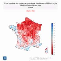 Écart de l’indice d’humidité des sols au 28 juillet 2020 par rapport à la moyenne quotidienne de référence 1981-2010. © Météo-France