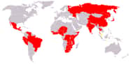 La répartition du choléra dans le monde en 2004. En rouge, les régions où la maladie est endémique, en jaune, là où les cas sont sporadiques. © Licence Commons