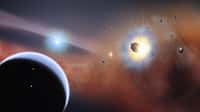 Vue d’artiste de comètes en collision dans une région distante de 13 milliards de kilomètres de la jeune étoile Bêta Pictoris. Les chercheurs pensent qu'à la limite du système de Bêta Pictoris, l'influence gravitationnelle d'une hypothétique planète géante (en bas à gauche) capture des comètes dans un essaim dense (à droite) où de fréquentes collisions se produisent. © Goddard Space Flight Center, Nasa, F. Reddy