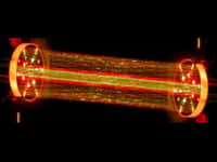 Une démonstration du spectromètre TLS effectuée sur Terre et avec un laser émettant dans le visible (alors que TLS travaille en infrarouge). Le laser se réfléchit de nombreuses fois entre les deux miroirs, envahissant le volume intérieur de l'instrument qui contient le gaz à analyser. L'absorption de différentes longueurs d'onde dépend finement des éléments (atomes) présents, ce qui permet l'analyse.&nbsp;© Nasa/JPL-Caltech