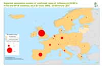 Carte de l'épidémie en Europe au 17 juin 2009 à 17 h 00 (TU). En jaune pâle, les pays où aucun cas n'est signalé. En jaune-orangé ceux où des cas probables ou confirmés sont observés. En gris, les pays non membres de l'ECDC. Les ronds rouges donnent une indication du nombre de cas confirmés, avec trois seuils, 1, 10 et 100. © ECDC
