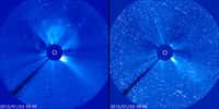 L’éruption solaire du 23 janvier 2012 observée par le coronographe C3 de l’observatoire spatial Soho. L’image de gauche montre les éjections massives de matière. Saisie quelques heures plus tard, l’image de droite révèle les traces des protons rapides qui percutent la matière déjà éjectée, donnant cet effet de neige. © Soho/Esa/Nasa