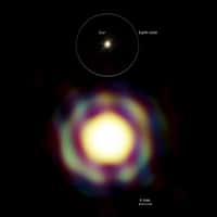 T Leporis et, à la même échelle, le système solaire. La résolution de l'image est de 4 millisecondes d'arc. Crédit ESO