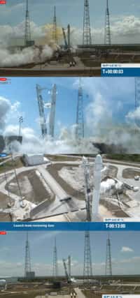 Simulation du décollage du lanceur Falcon-9 avec un allumage des moteurs du premier étage pendant 2 secondes (lundi 30 avril 2012). © SpaceX