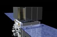 Le Large Area Telescope (LAT) de Fermi (la série de plaques au-dessus des paneaux solaires sur l'illustration) détecte les rayons gamma qui, le traversant, produisent de la matière (électrons) et de l'antimatière (positrons) après avoir heurter des couches de tungstène. Crédit : Nasa/Goddard Space Flight Center Conceptual Image Lab