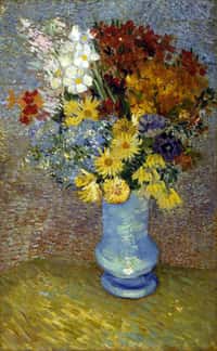 Photographie du tableau Fleurs dans un vase bleu peint par Vincent&nbsp;Van Gogh&nbsp;en 1887. La partie décolorée se situe en haut à droite.&nbsp;© Kröller-Müller Museum