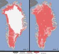 Les cartes synthétisées à partir des données radar du satellite indien Oceansat-2 montrent l'état de la glace de surface. Le code couleur est quelque peu trompeur. Le blanc indique les régions où la glace est exempte de toute eau liquide (No melting, pas de fonte). Le gris clair montre les zones sans neige ni glace (Ice/Snow Free), le rose celles où une fonte est probable (Probable Melt) et le rouge là où elle est certaine (Melt). Deux points sont surprenants : 4 jours seulement séparent les deux images (prises le 8 juillet pour celle de gauche et le 12 juillet pour sa voisine) et les parties en blanc couvrent, durant l'été, environ la moitié de la surface de la calotte (47 % sur l'image de gauche) alors que le 12 juillet elles se réduisent à 3 %. © Michon Scott, Nicolo E. DiGirolamo, SSAI/Nasa GSFC/ Allen, Nasa Earth Observatory
