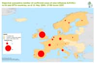 Carte de l'épidémie en Europe au 21 mai 2009. En jaune pâle, les pays où aucun cas n'est signalé. En jaune-orangé ceux où des cas probables ou confirmés sont observés. En gris, les pays non membres de l'ECDC. Les ronds rouges donnent une indication du nombre de cas confirmés, avec trois seuils, 1, 10 et 100. © ECDC