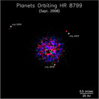 HR-8799 et son système planétaire, vus par le télescope de 8,1 mètres Gemini Nord. Crédit Université de Toronto