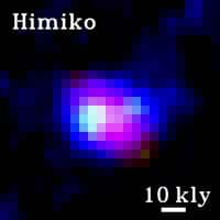 Image de Himiko dans la constellation de la Baleine en fausses couleurs fournies par le télescope Subaru. En bas à droite, la barre blanche indique une taille de 10.000 années-lumière. Crédit : Masami Ouchi et al.