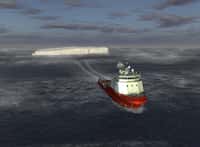 Un remorqueur tractant un iceberg, représenté par un logiciel de simulation capable de tenir compte des courants et des conditions de mer pour reproduire la marche du navire. © Dassault Systèmes
