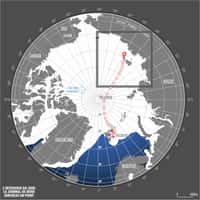 La position de Jean-Louis Etienne le 9 avril vers 12 h 00. Les îles visibles au niveau du cercle rouge sont celles de l'archipel de Nouvelle-Sibérie. Le port de Tiksi se situe sur la côte continentale, dans la baie à droite de la position actuelle et pas vraiment dans la direction suivie. © Jean-Louis Etienne / Expédition Generali Arctic Observer