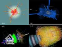 Ces quatre images montrent des simulations de réactions avec des particules élémentaires dans les collisions qui auront lieu dans les quatre détecteurs du LHC. En haut à gauche, il s'agit même de l'évaporation d'un mini trou noir dans le détecteur Atlas. Crédit : Cern