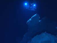 Le plus grand écosystème microbien du monde se cacherait dans la croûte océanique. Le site hydrothermal Lost City, sur la ride médioatlantique, a été découvert en 2010. Des réactions chimiques de serpentisation favorisent les basses températures (40 à 91 °C) et un pH alcalin (9 à 11). Le site abrite de nombreuses cheminées blanches composées de carbonates. © IFE, URI-IAO, UW, Lost City science party et NOAA