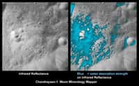 A gauche, une vue su sol lunaire en infrarouge. A droite, la même zone avec, en bleu, les minéraux riches en eau détectés par le Moon Mineralogy Mapper de la sonde Chandrayaan-1. Crédit : ISRO/NASA/JPL-Caltech/USGS/Brown Univ.