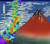 Le Fuji rouge de Katsushika Hokusai (peinture de 1830) a souffert du séisme de 2011. Cette couleur, en effet, est aussi celle du volcan (en bas à gauche, au-dessus de la péninsule touchant le bas de l'image) sur cette cartographie des variations de vitesses des ondes sismiques induites par le séisme. Elles témoignent des contraintes mécaniques auxquelles est soumis le sous-sol. © Florent Brenguier