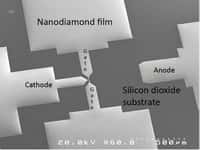 Une vue au microscope électronique d'un transistor en nanodiamant. © Davidson Lab