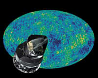 Simulation de la carte du rayonnement fossile observé par Planck, avec superposition du satellite. La vraie carte sera mise en ligne ce jeudi 21 mars. © Esa
