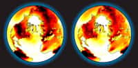 La Terre à la fin de ce siècle. Les températures les plus chaudes sont représentées en rouge foncé. A gauche, selon les estimations actuelles. A droite, réchauffement moins important grâce aux cultures promues par Andy Ridgwell. Crédit : Joy Singarayer