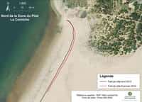 Le pied de la célèbre dune du Pilat, sur le bassin d'Arcachon, a reculé de cinq mètres entre avril 2013 (ligne noire) et janvier 2014 (ligne rouge). © BRGM