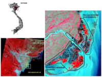 Delta de la Rivière rouge, Vitenam. Sur l’image de droite, on remarque que les exploitations aquacoles dans la réserve gérée selon la convention Ramsar (zone cerclée en bas) sont plus étendues que dans la zone non protégée (en haut). © Karen Seto, Stanfor