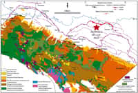 Carte  géologique de la région avec l'emplacement du foyer du séisme du 20 mai et  la  faille susceptible d'avoir provoqué le séisme en profondeur (en rouge). © D'après Benedetti et al./JGR 2003