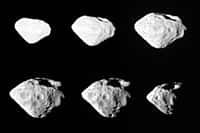 L’astéroïde Steins, vu par la caméra grand angle Osiris de la sonde européenne Rosetta le 5 septembre 2008. Un remarquable alignement de cratères est visible verticalement, de face sur l’image centrale de la rangée inférieure. Crédit Esa