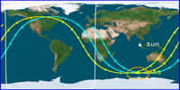 La dernière prédiction Centre for Orbital and Reentry Debris Studies, vendredi soir vers minuit (heure française). La ligne bleue représente la trajectoire prévue juste avant l'entrée dans l'atmosphère. Le point jaune, marqué UARS, indique l'endroit prévu de la pénétration dans l'atmosphère. L'ellipse indique la région où un observateur aurait voir l'entrée dans l'atmosphère. La ligne jaune est la trajectoire prévue ensuite. Le satellite commence alors à se désintégrer. © Centre for Orbital and Reentry Debris Studies