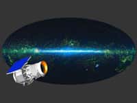 Une vue d'artiste du Wide-field Infrared Survey Explorer, Wise, observant l'univers dans l'infrarouge. En arrière-plan on voit une image en fausses couleurs de la voûte céleste obtenue avec les instruments de Wise. © Nasa