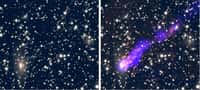 A gauche, une photographie d'ESO 137-001 (angle inférieur gauche) en lumière visible ne montre pas la queue, qui est ajoutée par superposition dans l'image de droite. Crédit Chandra-NASA.