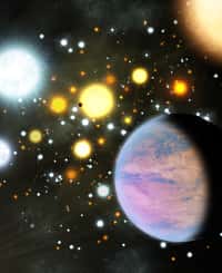 Une image d'artiste montrant les mini-Neptunes découvertes dans un amas ouvert par Kepler. La densité des étoiles dans l'amas NGC 6811 est élevée, mais moins que sur cette image, qui en montre une vision exagérée. © Michael Bachofner