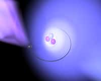Une vue d'artiste d'un antiproton en orbite dans un atome d'hélium soumis à un faisceau laser (à gauche). © Max Planck Institute of Quantum Optics, Garching