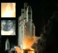 Pour sa première mission de l'année, Arianespace a lancé avec succès un Véhicule de transfert automatique de l'Esa. Ce troisième ATV a décollé à 5 h 34 du Centre spatial guyanais. © Esa TV