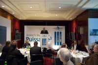 Comme chaque année, Jean-Yves le Gall, le P-DG d'Arianespace reçoit la presse lors de sa traditionnelle conférence de rentrée, organisée cette année à l'Automobile Club de France. © Rémy Decourt