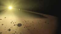 24 Thémis, un des membres de la ceinture d'astéroïdes (représentée ici par un artiste), vient sans doute d'apporter une preuve éclatante de l'origine extraterrestre de l'eau. Crédit Nasa   
