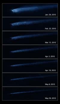 Observée sur plusieurs mois par le télescope Hubble, la queue de débris de P/2010 A2 se modifie lentement sous l'action du vent solaire. © Nasa/Esa/D. Jewitt (UCLA)
