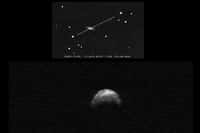En haut le déplacement de l'astéroïde 2005 YU55 la nuit du 10 au 11 avril 2010 lors de son précédent passage. Image réalisée avec le télescope de 1 mètre de diamètre de l'Observatoire du Pic du Midi. © F. Colas/IMCCE. En bas l'image radar de l'astéroïde fournie par le radiotélescope d'Arecibo quelques jours plus tard. © Nasa/Cornell/Arecibo