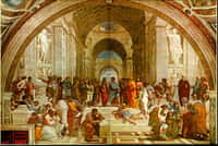 L'école d'Athènes, par Raphaël. Ce tableau représente plusieurs des grands penseurs de l'antiquité. Au centre, illustrant le débat millénaire entre la théorie et l'expérience, Platon discute avec Aristote. Platon a été représenté avec les traits de Léonard de Vinci.