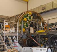 Le module pressurisé de l'ATV-3 dans l'usine turinoise de Thales Alenia Space, quelques semaines avant son transfert pour le site industriel d’Astrium de Brême, en Allemagne. © Remy Decourt