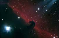 Barnard 33, la nébuleuse de la Tête de cheval, sous les rayons d'un projecteur céleste, l'étoile Alnitak. © P. Renauld

