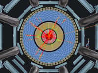 Une vue d'artiste d'un mini trou noir s'évaporant dans le détecteur Atlas du LHC. Crédit : Cern