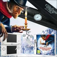 Les lots du concours "Le drôle de Noël de Scrooge" : 1 console DSi et un jeu Scrooge, 35 x 2 places de cinéma, 10 montres, 25 porte-clés - Crédits DR.
