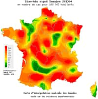 La France était encore presque entièrement rouge la semaine précédente, signe que l'épidémie de gastroentérite était intense sur tout le territoire. Mais la maladie recule et l'Hexagone reverdit. © Réseau Sentinelles