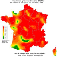 La grande majorité de la France est dans le rouge concernant l'épidémie de grippe. Seules quelques régions tirent leur épingle du jeu. À priori, dans les semaines à venir, le vert devrait réussir à s'imposer davantage... © Réseau Sentinelles
