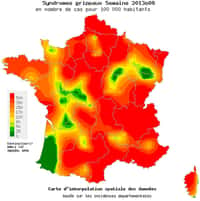Seuls l'extrême sud-ouest de la France ainsi que quelques zones réparties sur le territoire&nbsp;ont échappé la semaine passée à l'épidémie de grippe. Ce sont les premiers signes de décrue même si la maladie reste encore bien présente.&nbsp;© Sentinelles